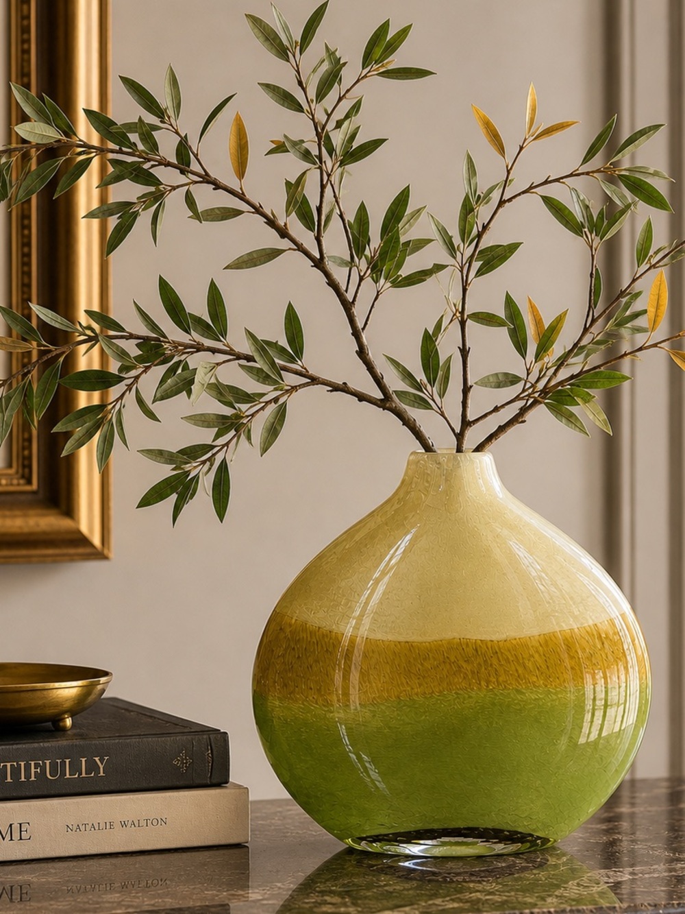Vintage Artisan Squat Vase Green Amber Cream | Heavy Handblown Glass